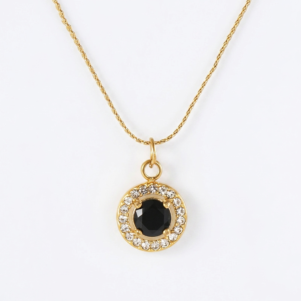 Round Onyx Halo Pendant Necklace