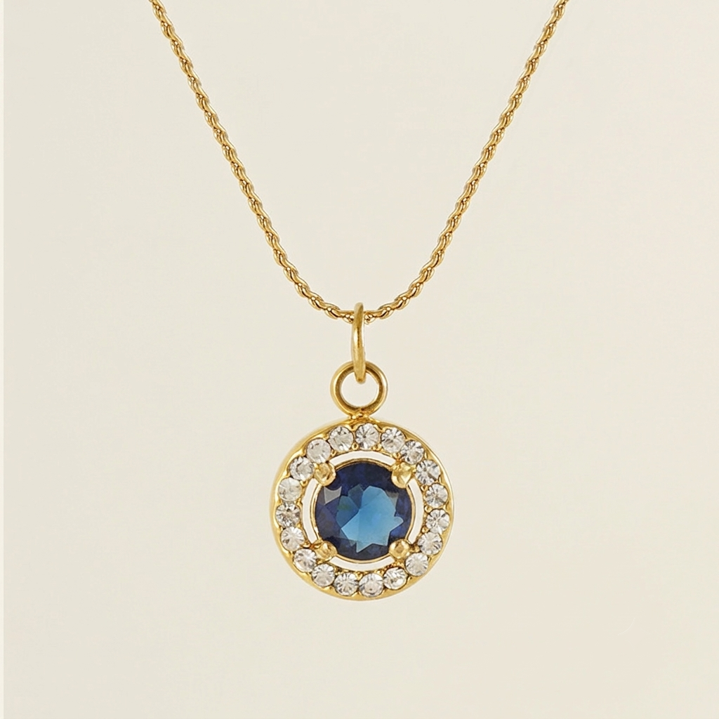 Round  Sapphire Halo Pendant Necklace